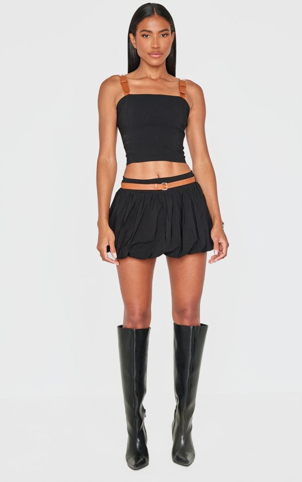 Black Woven Belted Puff Ball Skirt