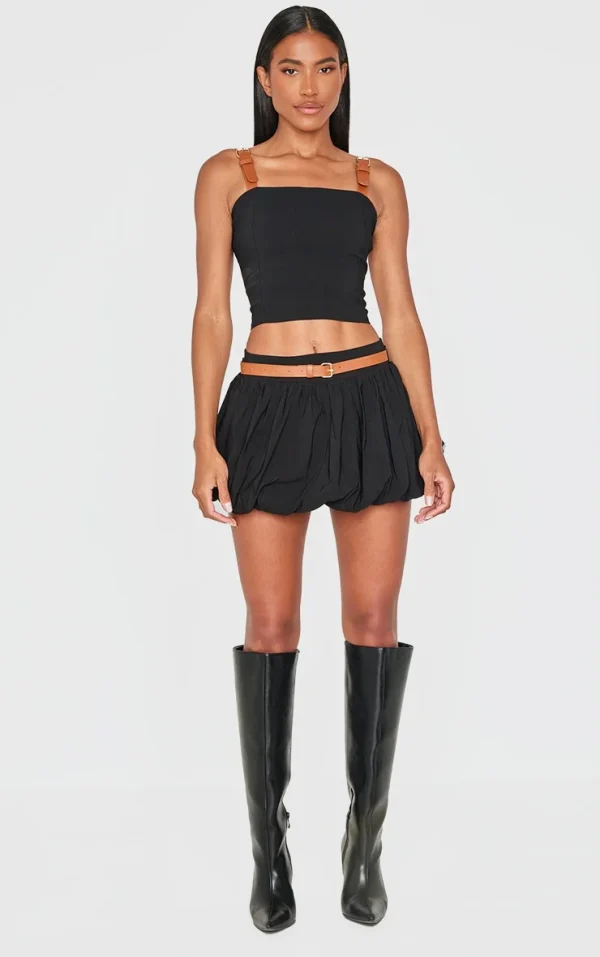 Black Woven Belted Puff Ball Skirt