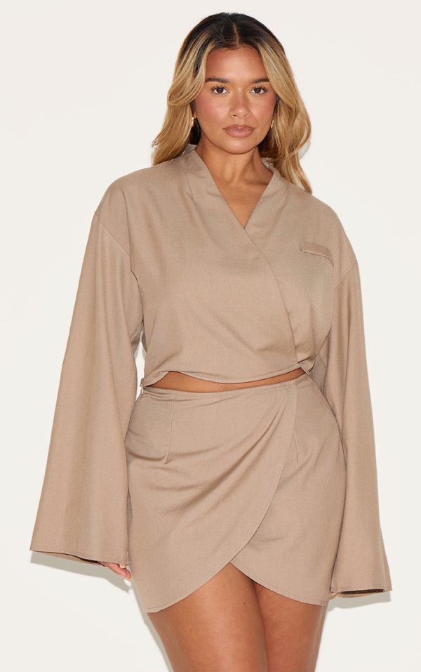 Shape Mocha Tailored Wrap Flared Sleeve Cropped Blazer Top