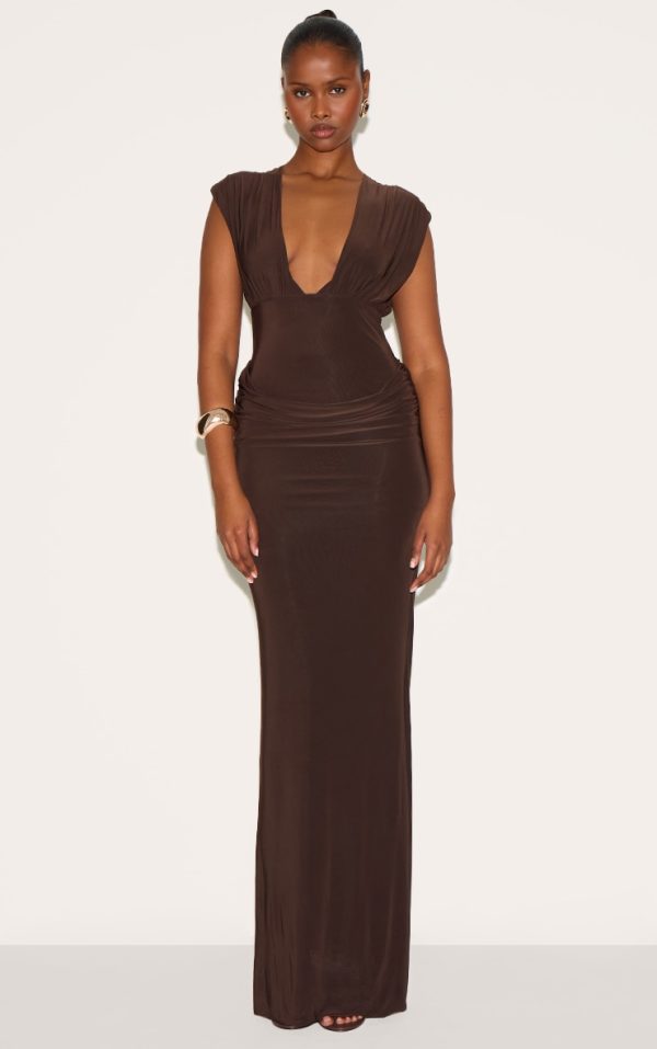 Chocolate Brown Double Layer Plunge Ruched Shoulder Drape Waist Maxi Dress