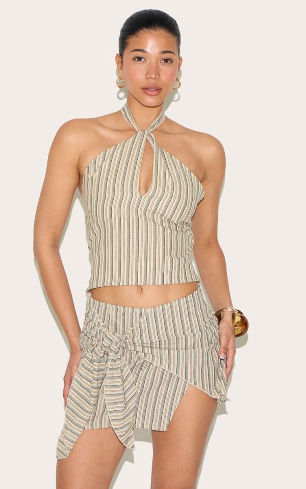Beige Striped Key Hole Top