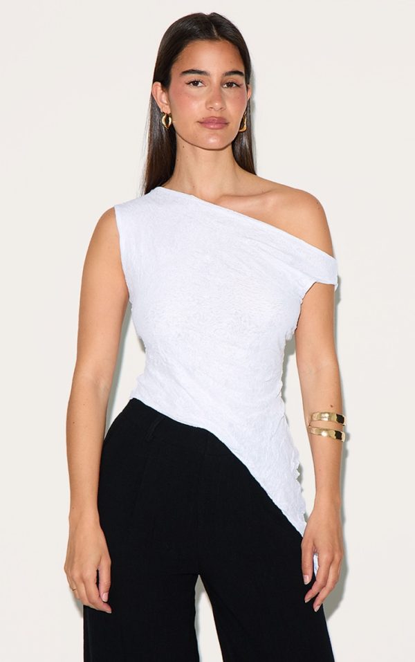 White Crinkle Mesh Asymmetric Neck Top