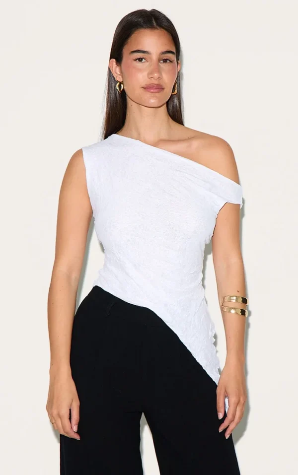White Crinkle Mesh Asymmetric Neck Top
