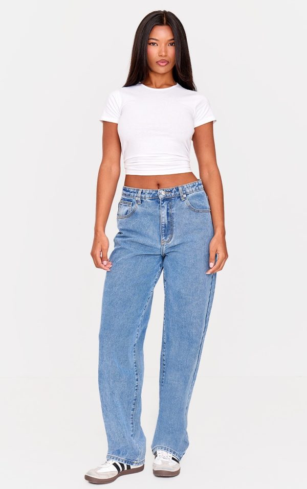 PRETTYLITTLETHING Mid Blue Wash High Waist Boyfriend Jeans