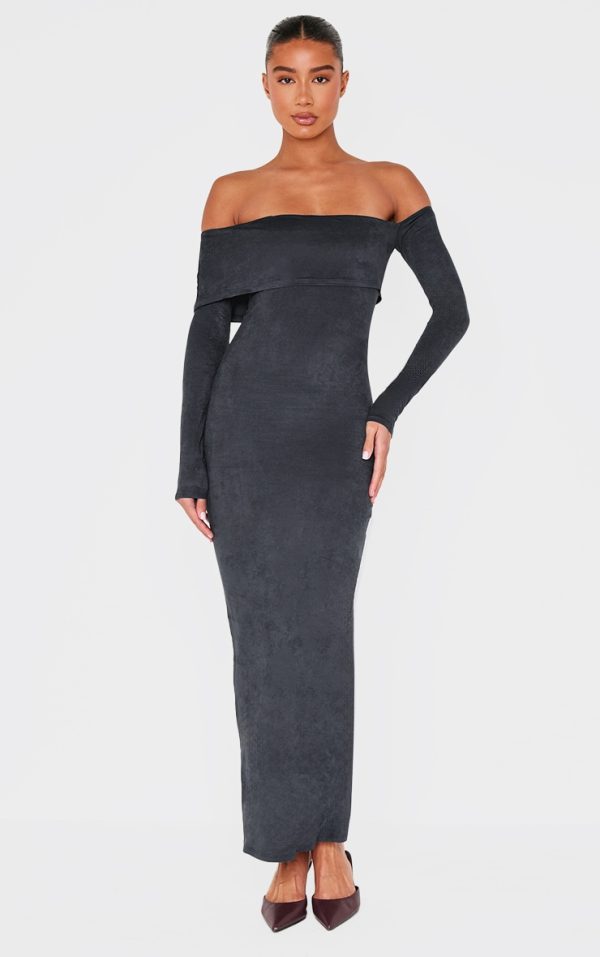 Black Faux Suede Bardot Long Sleeve Maxi Dress