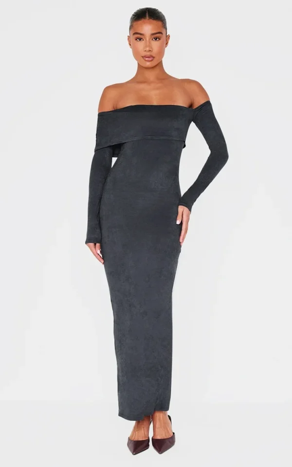 Black Faux Suede Bardot Long Sleeve Maxi Dress