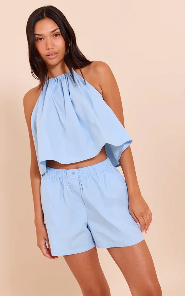 Sky Blue Poplin Low Back Halterneck Top