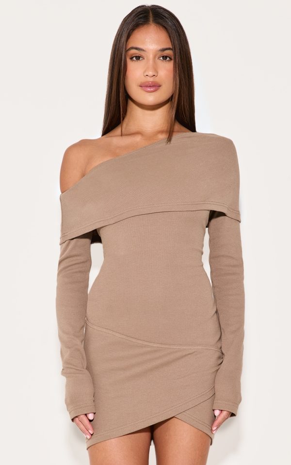 Taupe Rib Bardot Wrap Mini Dress