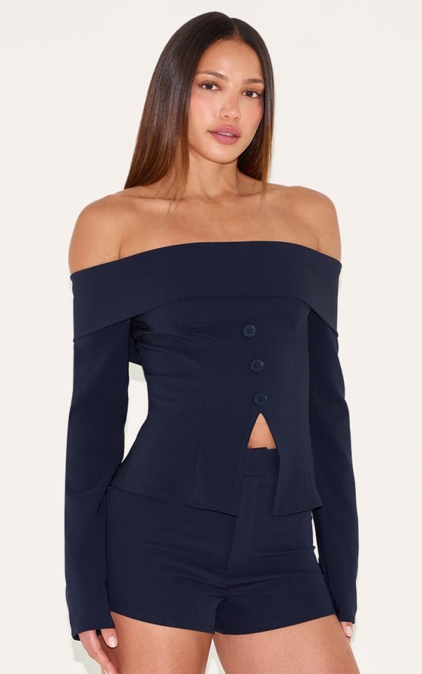 Tall Indigo Tailored Bardot Long Sleeve Button Top