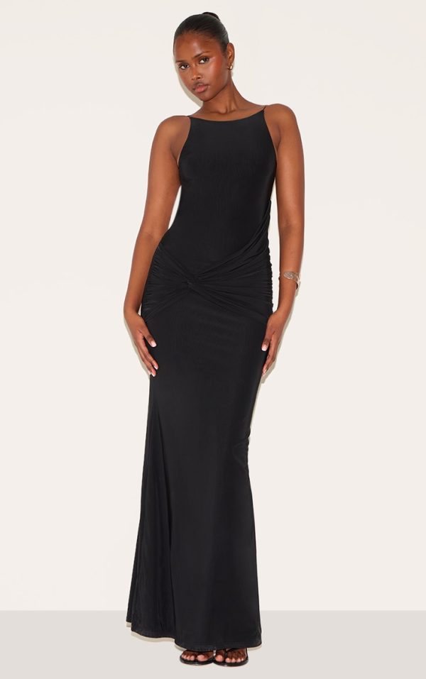 Black Double Layer Slinky Twisted Front Halter Neck Maxi Dress