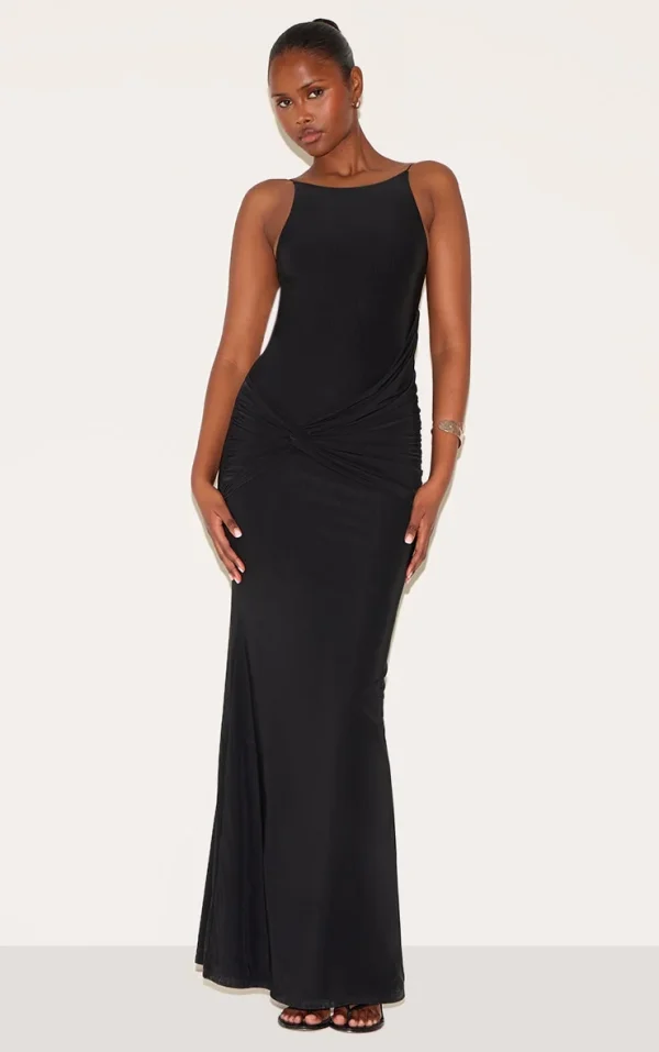 Black Double Layer Slinky Twisted Front Halter Neck Maxi Dress