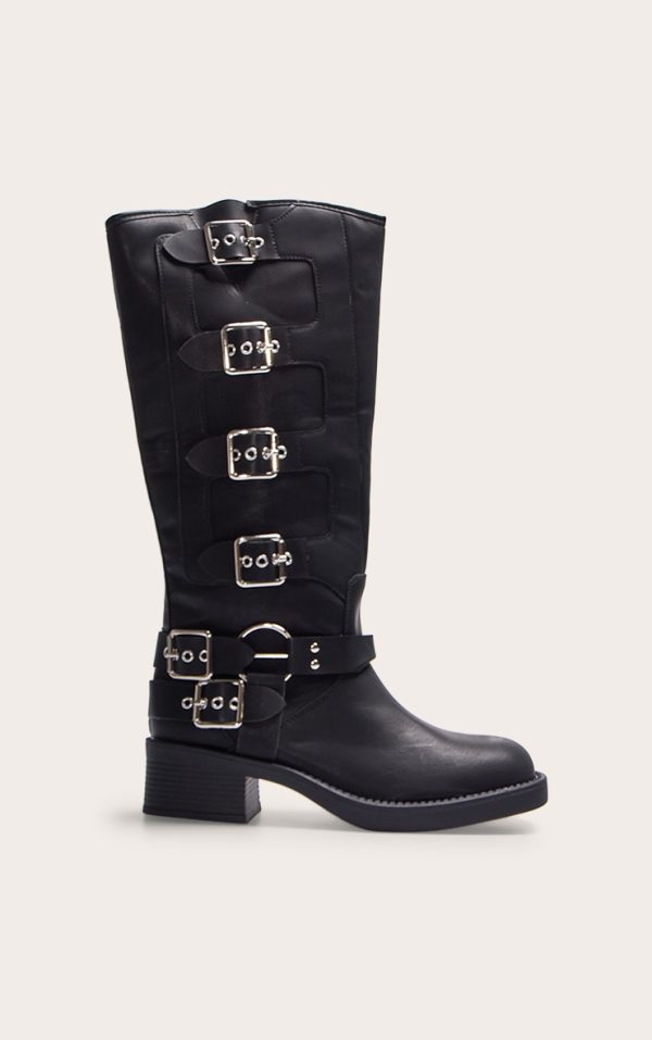 Black Pu Round Toe Multi Buckle Harness Knee High Boots