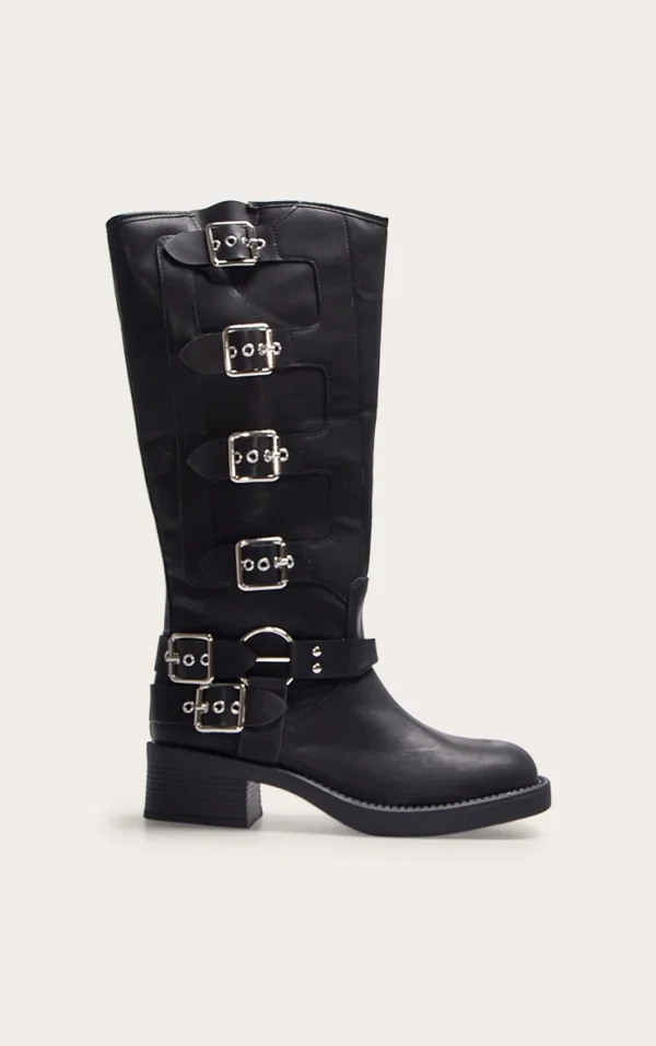 Black Pu Round Toe Multi Buckle Harness Knee High Boots