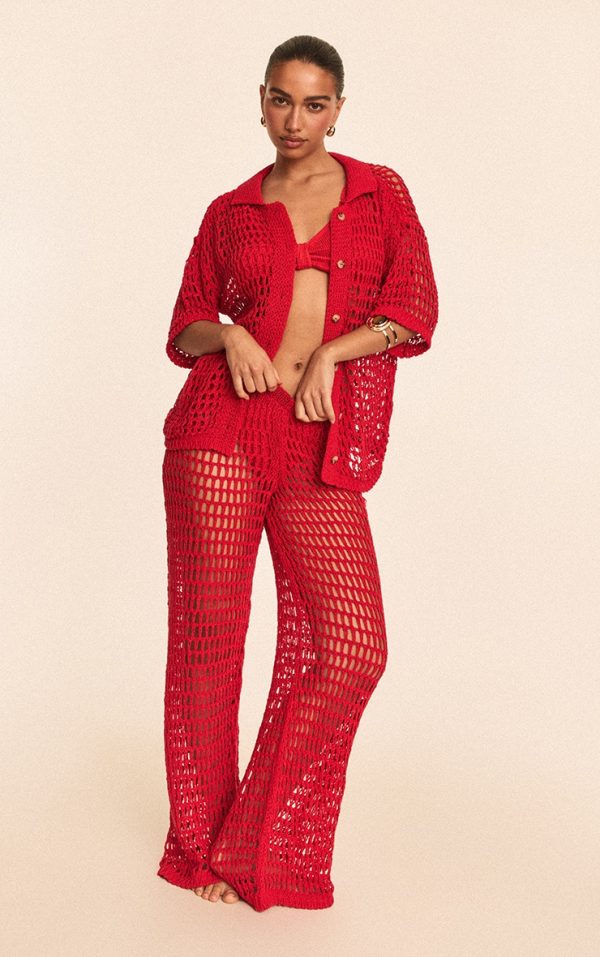 Red Crochet Beach Wide Leg Pants