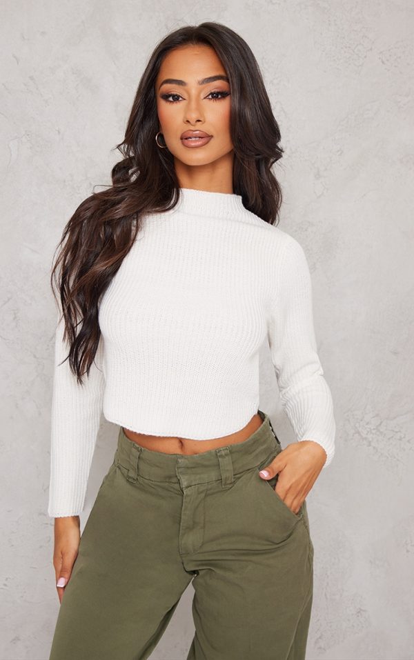 Petite White High Neck Cropped Sweater