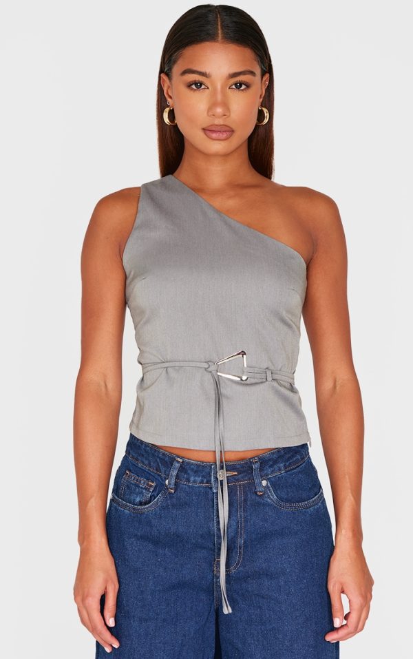 Grey One Shoulder Belt Buckle Detail Long Top