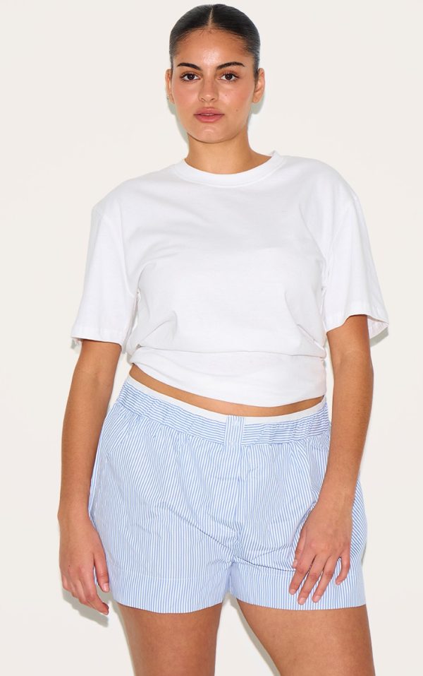 Plus Sky Blue Pinstripe Cotton Poplin Contrast Waistband Shorts