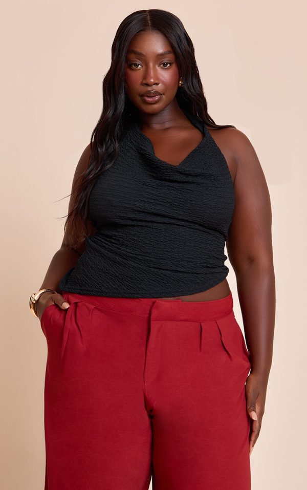 Plus Black Textured Cowl Neck Asymmetric Hem Long Top