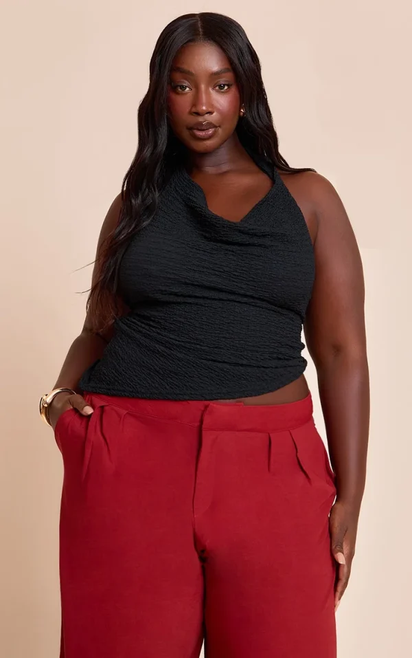 Plus Black Textured Cowl Neck Asymmetric Hem Long Top