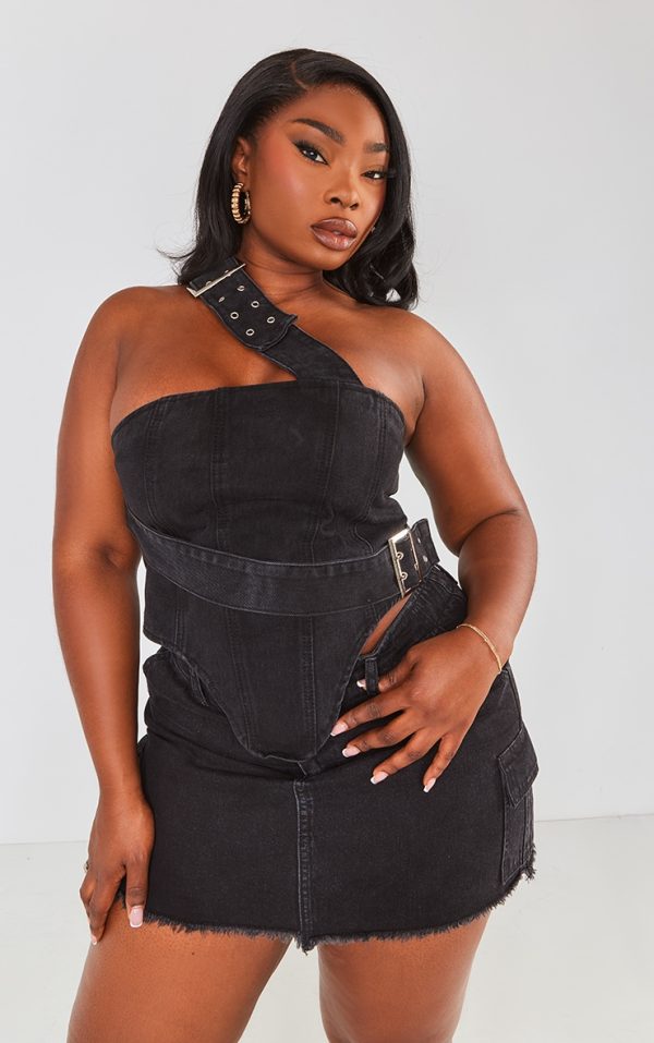 Plus Washed Black Buckle Denim Corset Top