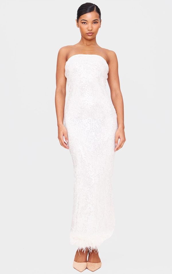 White Sequin Faux Feather Maxi Dress