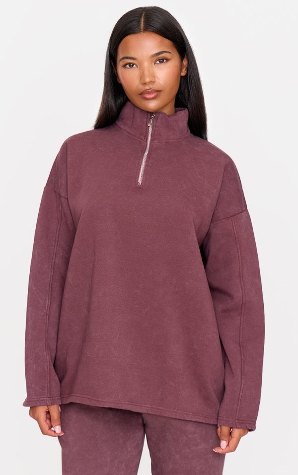 Burgundy Washed Quarter Zip Sweatshirt