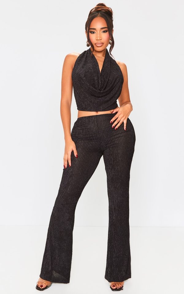 Shape Black Plisse Glitter High Waist Wide Leg Pants