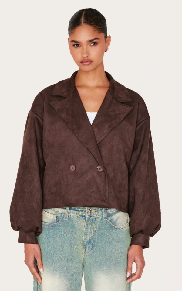 Chocolate Faux Suede Balloon Sleeve Trench Coat