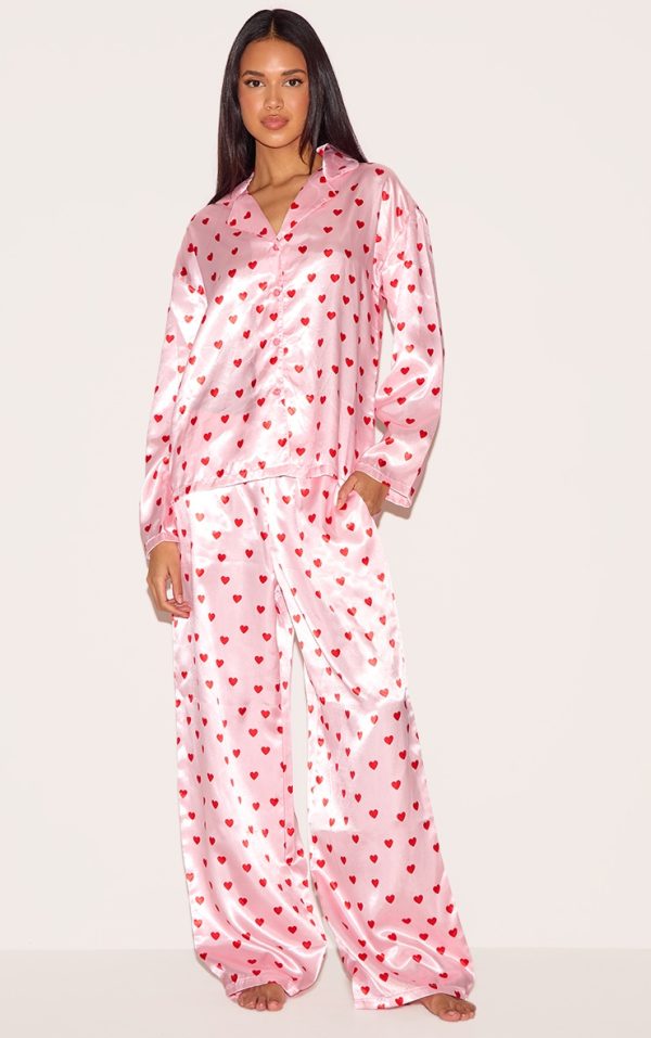 Pink Satin Heart Print Long Pj Set