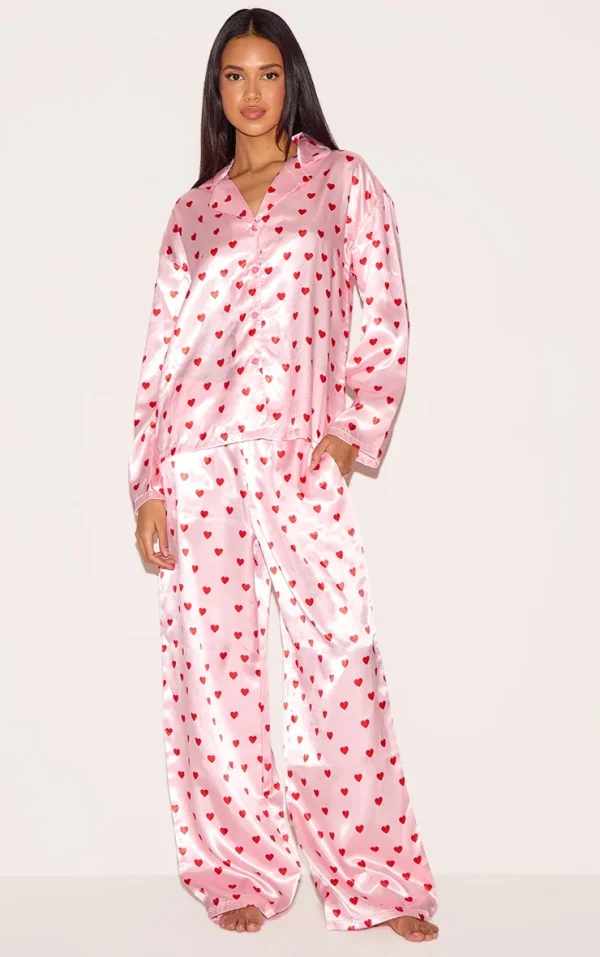 Pink Satin Heart Print Long Pj Set