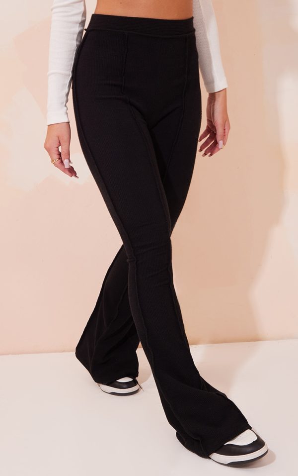 Black Rib High Waist Seam Detail Flared Pants