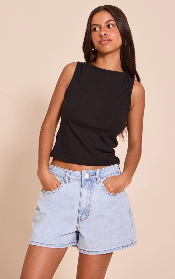 Petite Black Soft Cotton Boat Neck Sleeveless Top