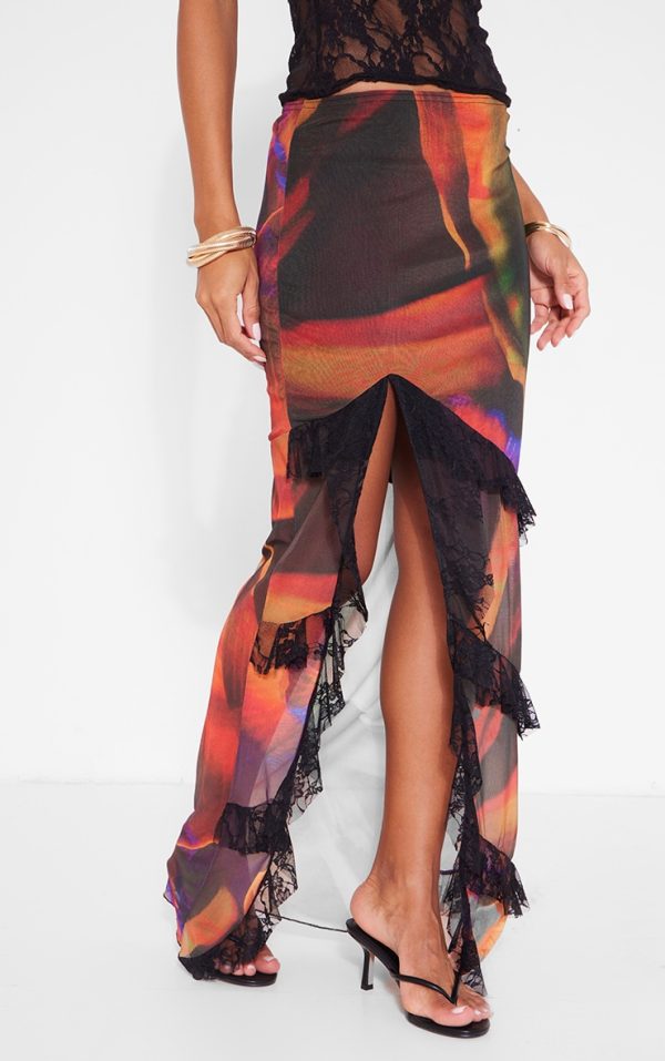 Black Tulip Print Lined Mesh Thigh Split Lace Trim Maxi Skirt