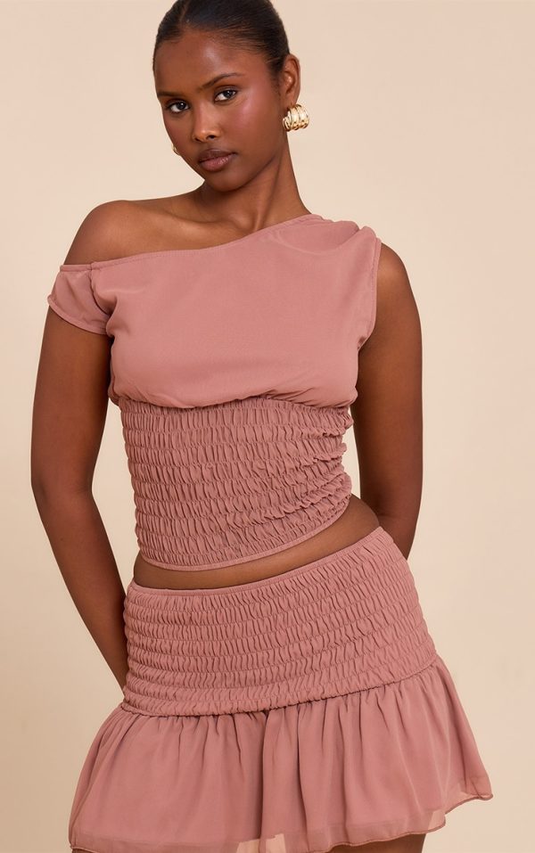 Mauve Gathered Off The Shoulder Crop Top