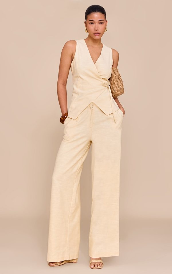 Almond Textured Pleat Mid Rise Wide Leg Pants