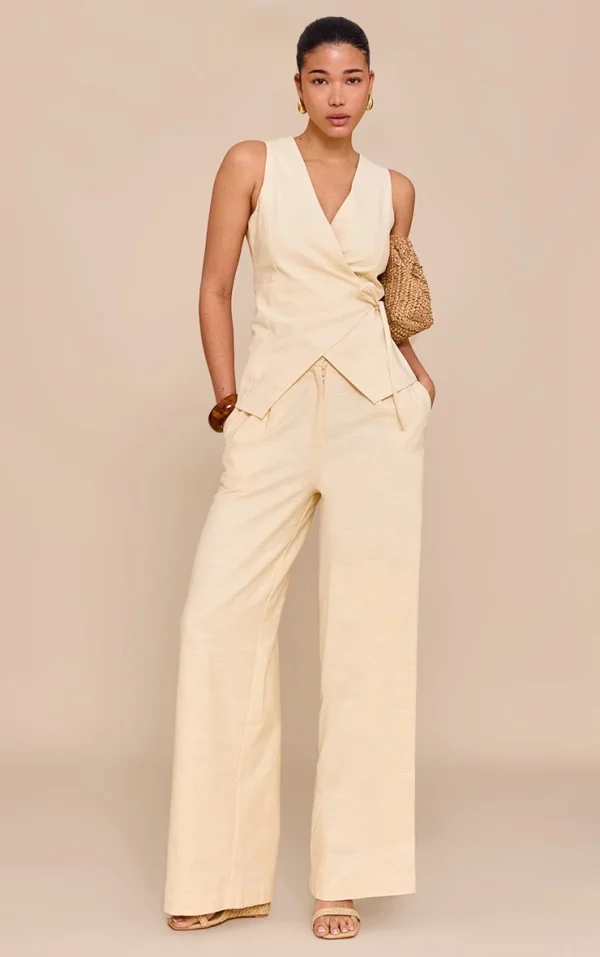 Almond Textured Pleat Mid Rise Wide Leg Pants