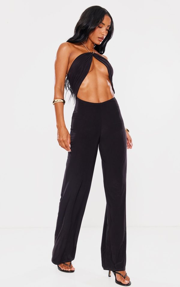 Black Slinky Cut Out Chain Detail Jumpsuit