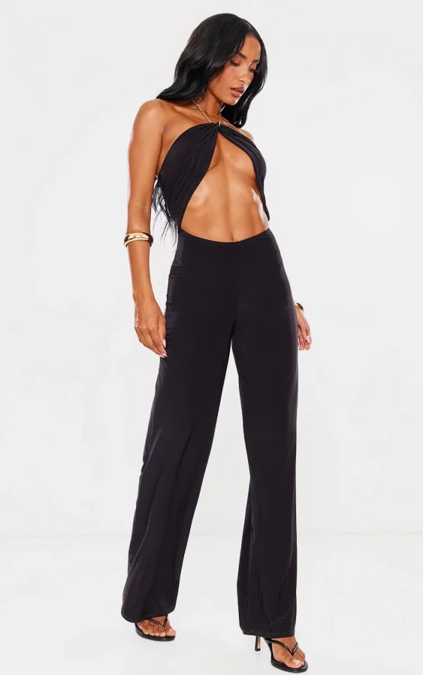 Black Slinky Cut Out Chain Detail Jumpsuit
