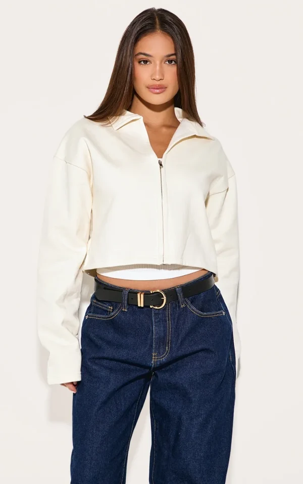 Cream Premium Boxy Sweat Zip Up Polo