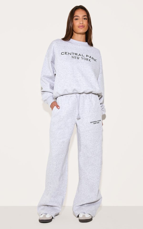 Ash Grey Central Park Embroidered Wide Leg Sweatpants