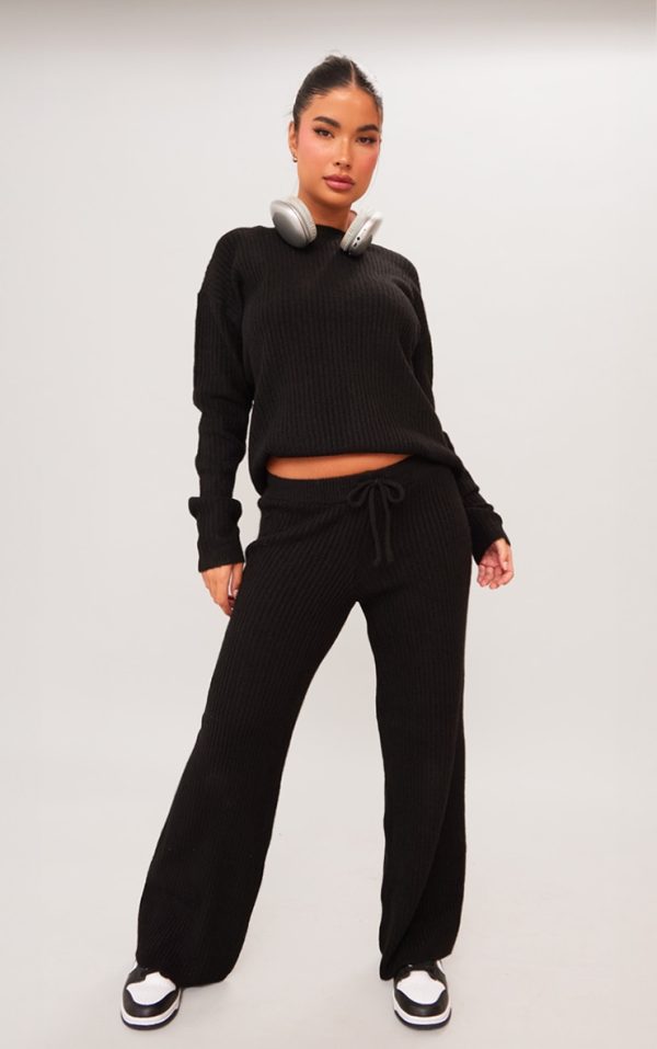 Petite Black Knit Wide Leg Pants