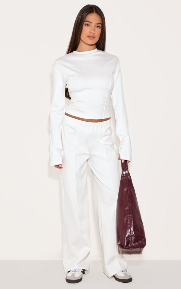 Cream Stretch Pin Tuck Mid Rise Wide Leg Pants