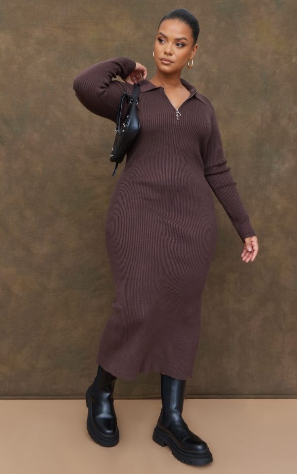 Plus Chocolate Half Zip Collared Detail Midaxi Dress