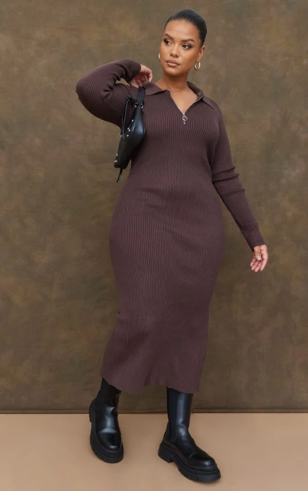 Plus Chocolate Half Zip Collared Detail Midaxi Dress