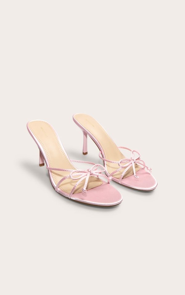 Baby Pink Satin Round Toe Bow Detail Mid Stiletto Heeled Mules