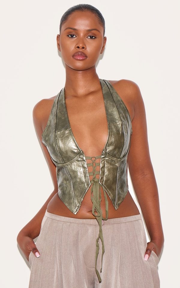 Dark Green Washed Faux Leather Lace Up Plunge Halterneck Top