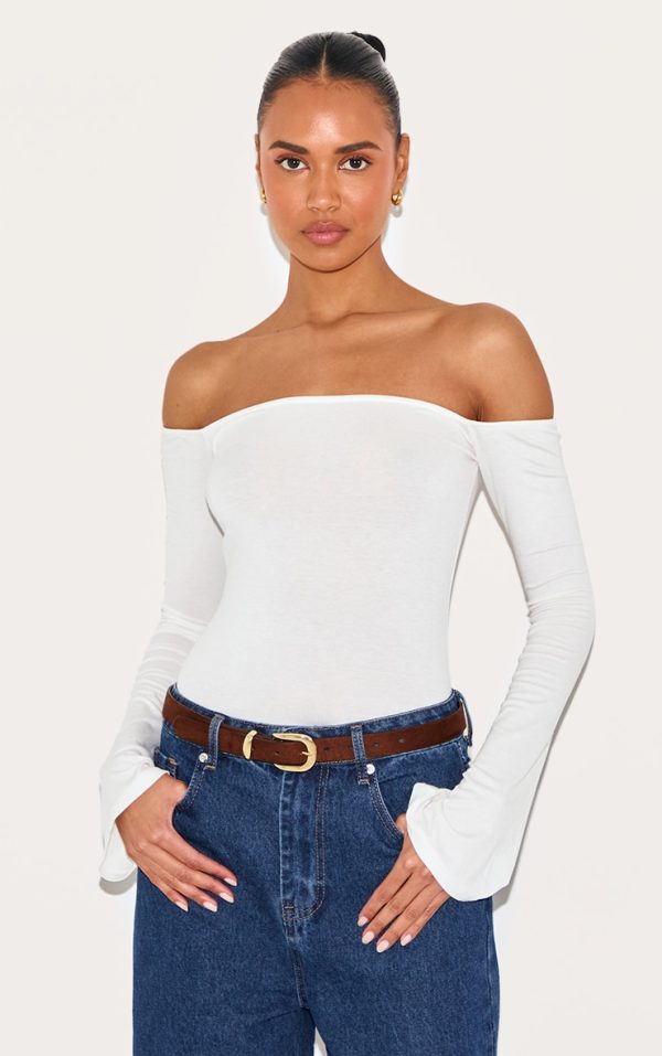 White Soft Cotton Bardot Long Sleeve Top
