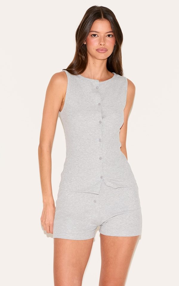 Grey Ribbed Jersey Button Up Short Set
