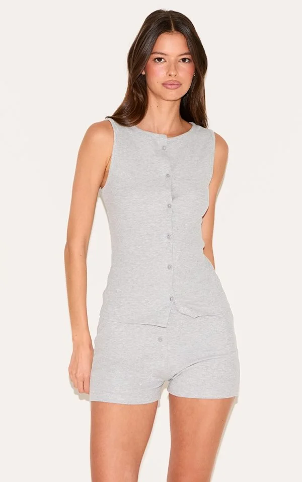 Grey Ribbed Jersey Button Up Short Set