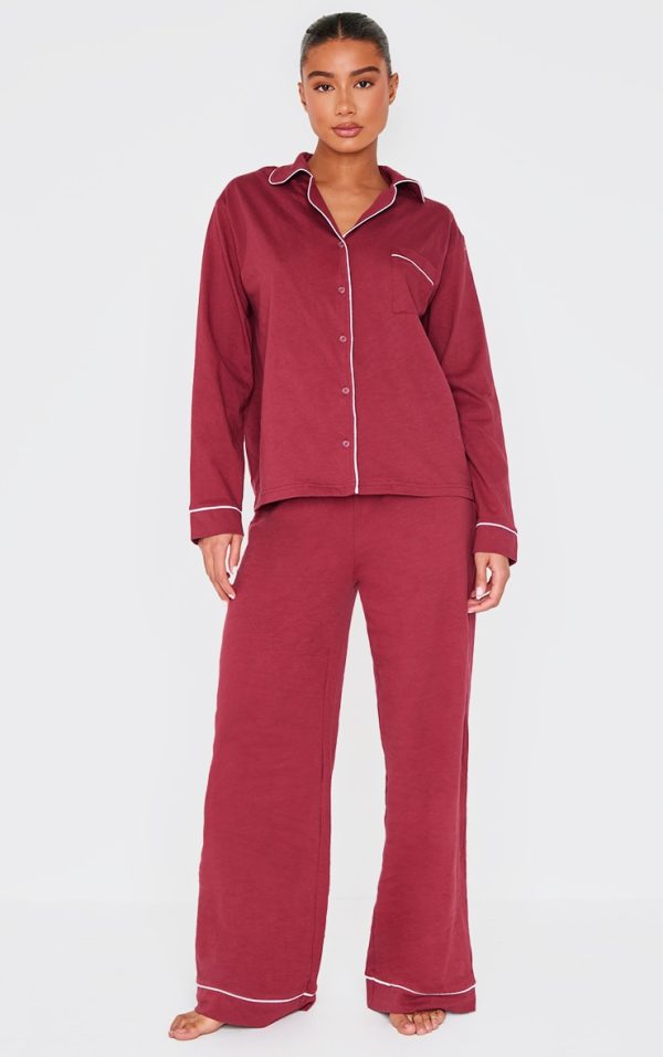 Burgundy Jersey Piping Detail Long PJ Set